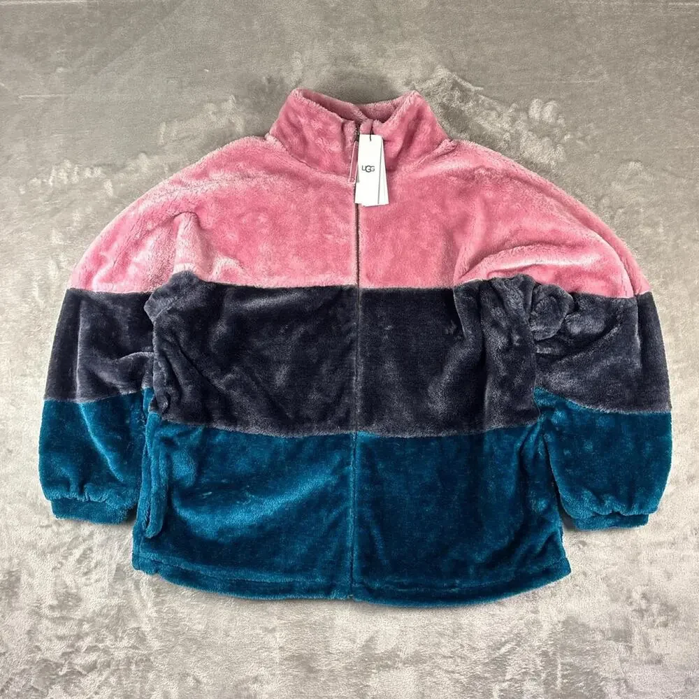 Deadstock NWT Uggs Elaina Colorblock Pink/Blue Faux-fur Jacket Size Medium - Picture 3 of 7